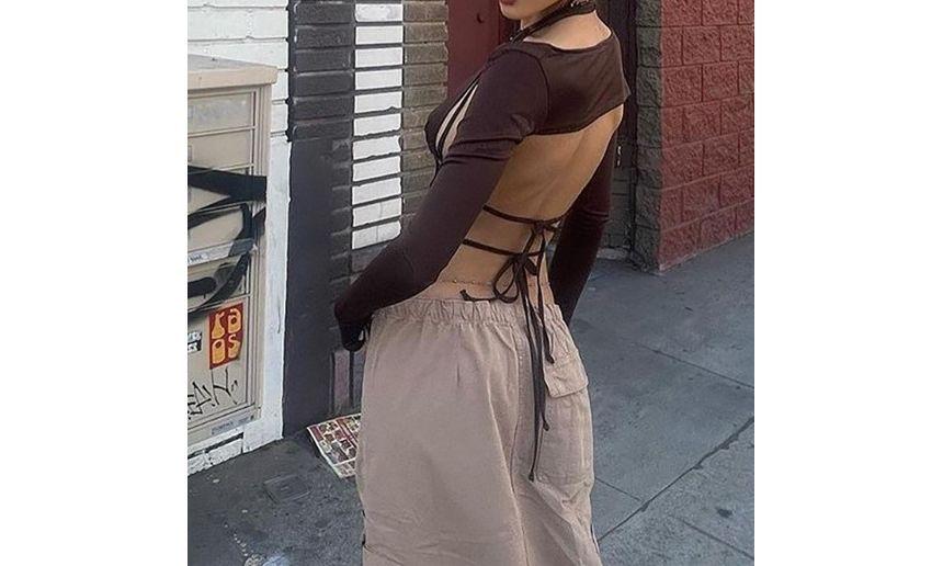 Set: Halter Open-Back Crop Top + Long-Sleeve Bolero Top Product Image