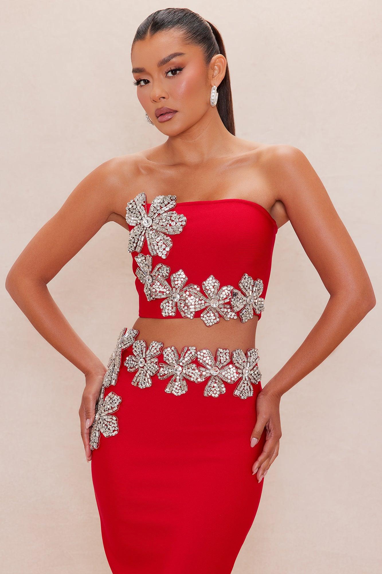 Lily Embellished Bandage Skirt Set - Red Female Product Image