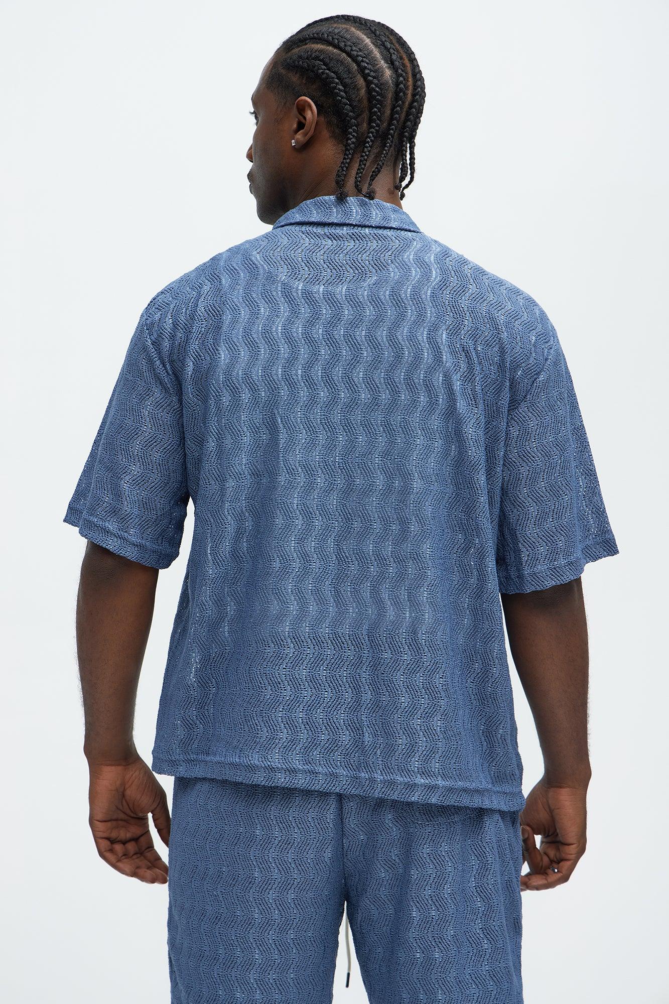 Echo Textured Short Sleeve Button Up - Blue Product Image