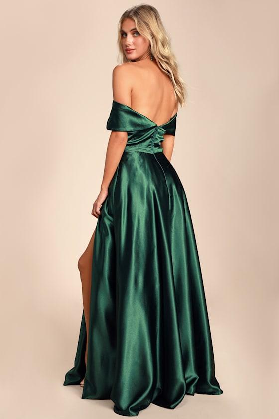 Greatest Hits Forest Green Satin Off-the-Shoulder Maxi Dress Product Image