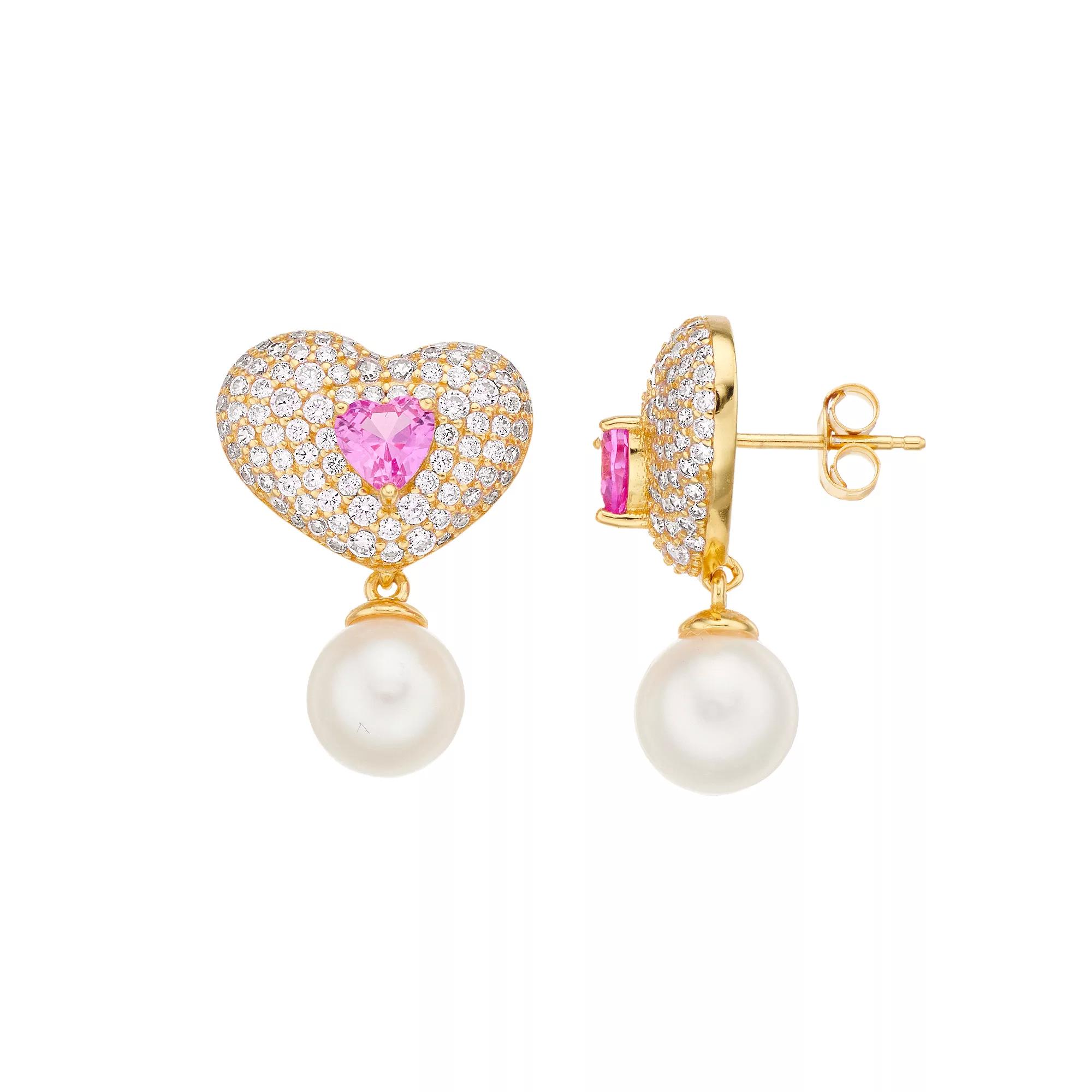14k Gold Over Silver Cubic Zirconia & Cultured Pearl Heart Drop Earrings, Women's, Gold Tone Product Image