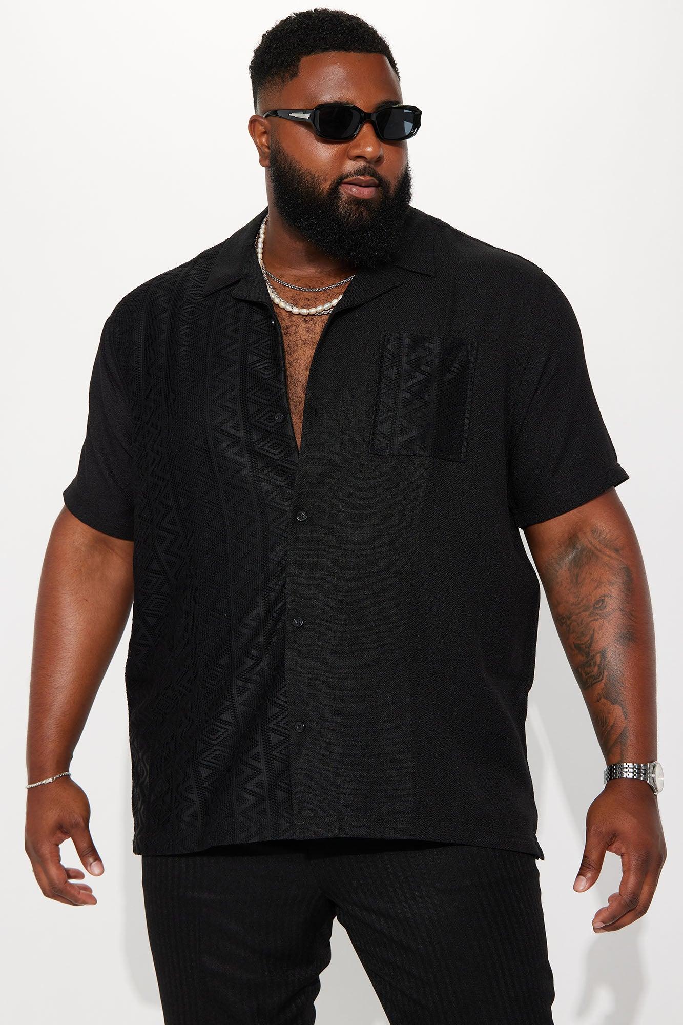 Half Crochet Pattern Short Sleeve Button Up Shirt - Black Product Image