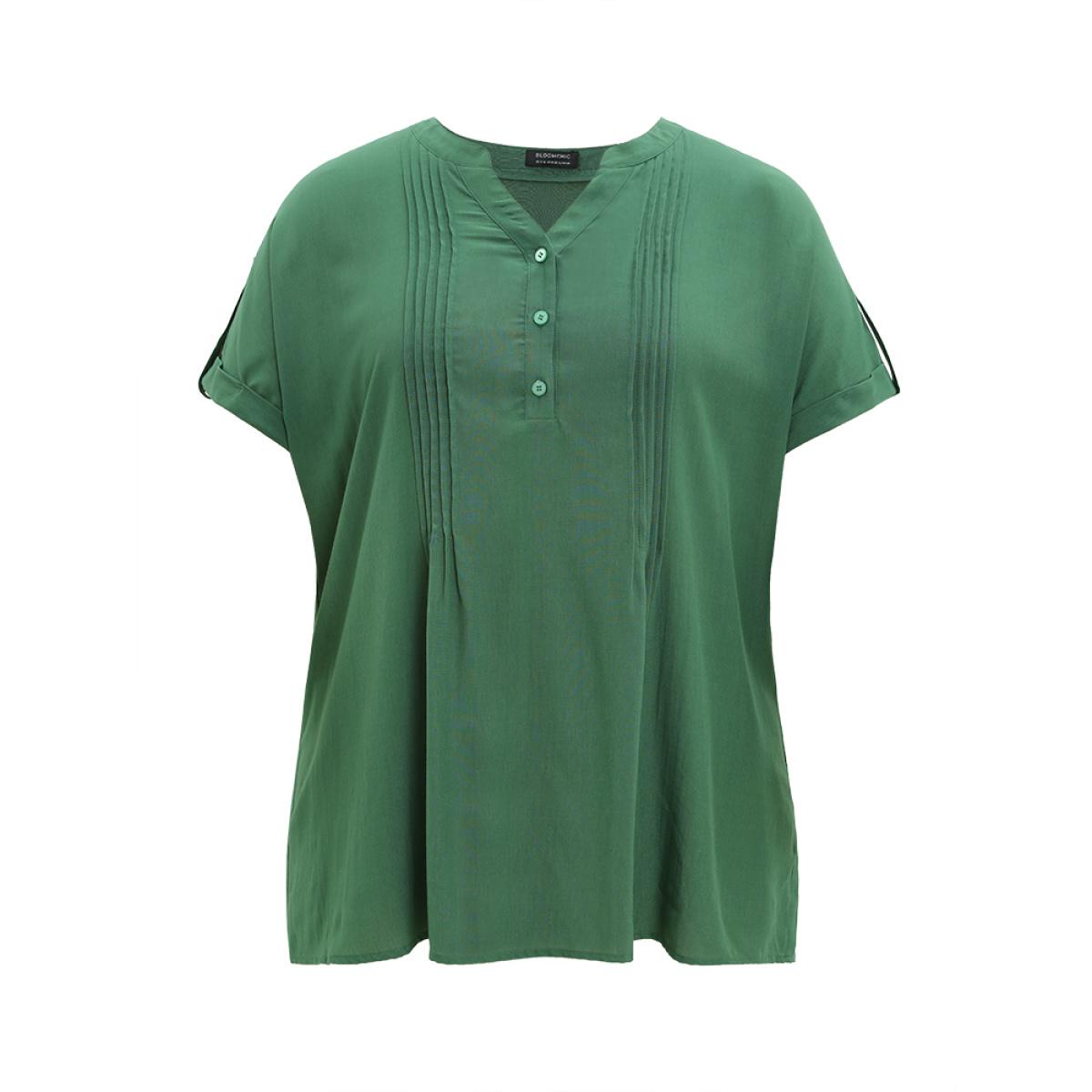Plus Size ArmyGreen Solid Cuffed Sleeve Pleated Notched Blouse Women Elegant Short sleeve Notched collar Dailywear Blouses BloomChic 14-16/1X Product Image