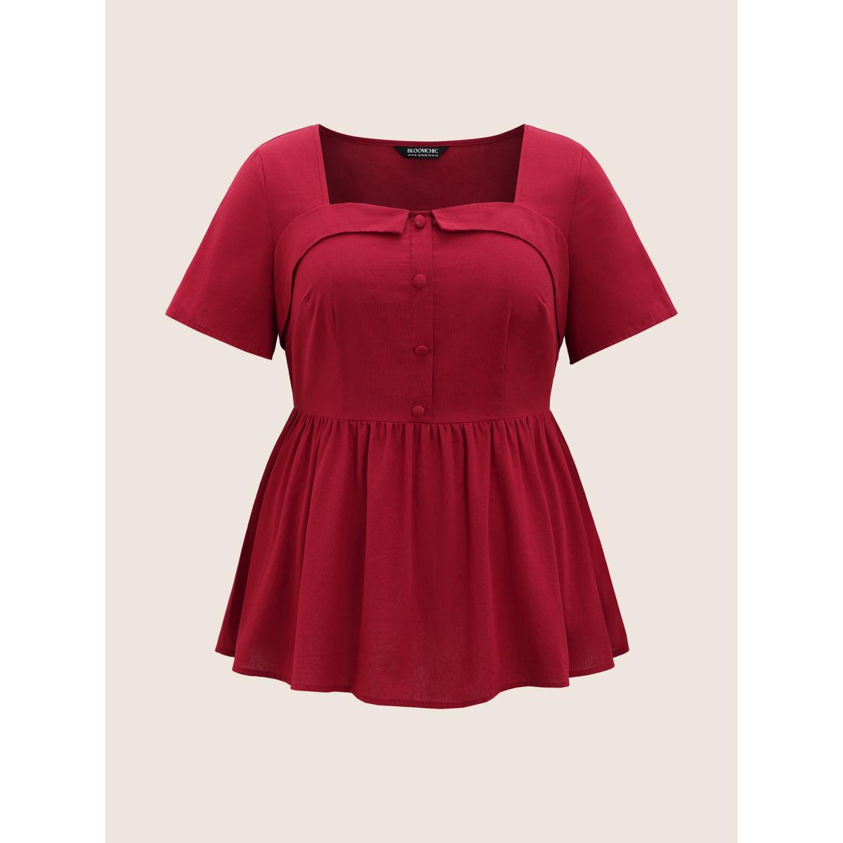 Plus Size Raspberry Square Neck Button Detail Shirred Blouse Women Elegant Short sleeve Square Neck Everyday Blouses BloomChic 28/5X Product Image