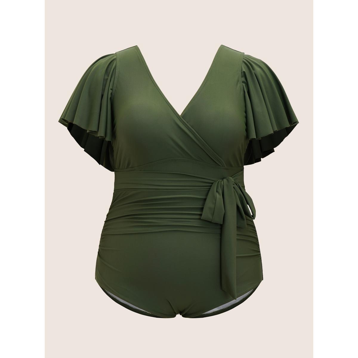 Plus Size Solid Overlap Collar Ruffle Sleeve One Piece Swimsuit Women's Swimwear ArmyGreen Beach Ruffles Curve Bathing Suits High stretch One Pieces BloomChic 14-16/1X Product Image