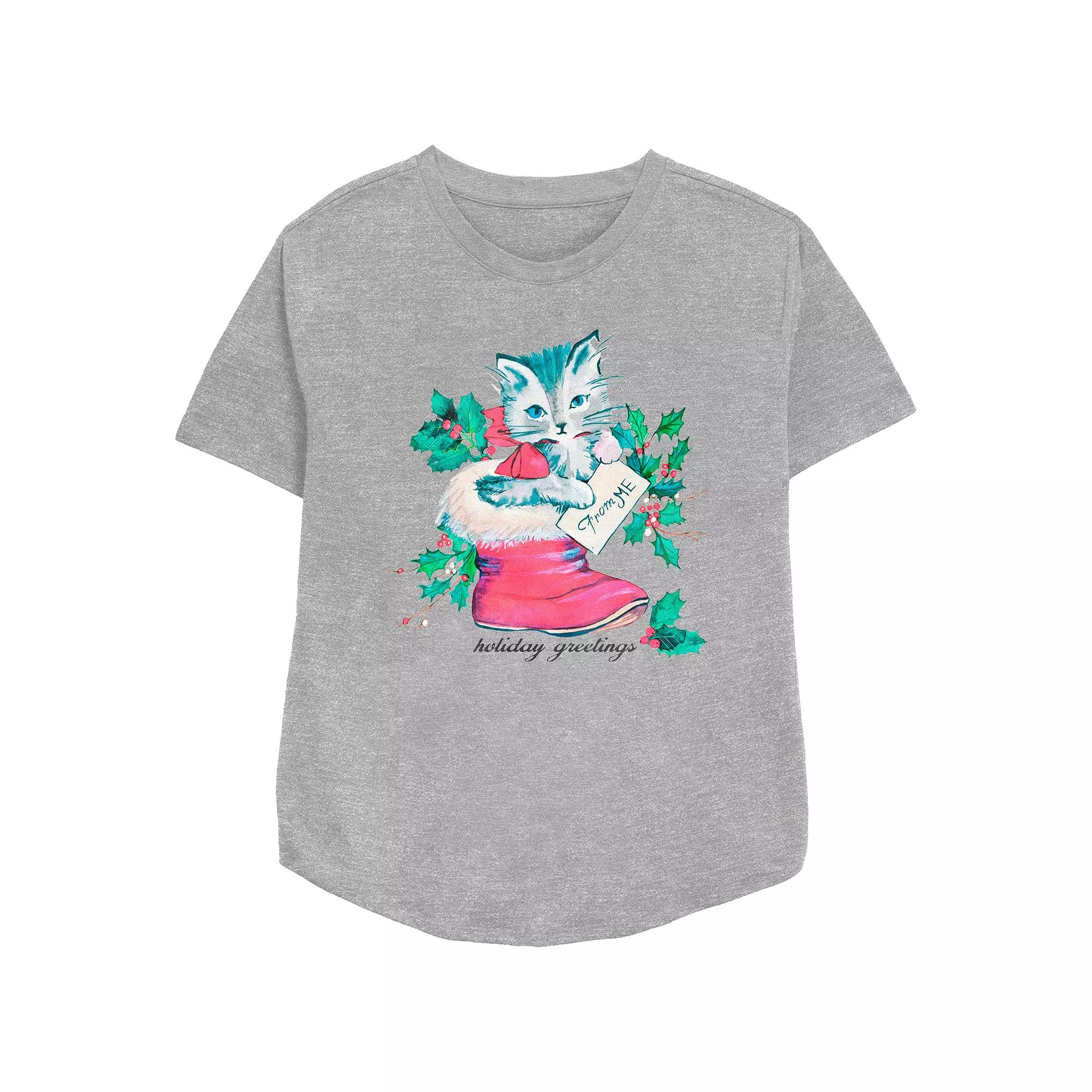 Women's Holiday Greetings Christmas Kitty Stocking Stuffer Relaxed Fit Graphic Tee,  Product Image