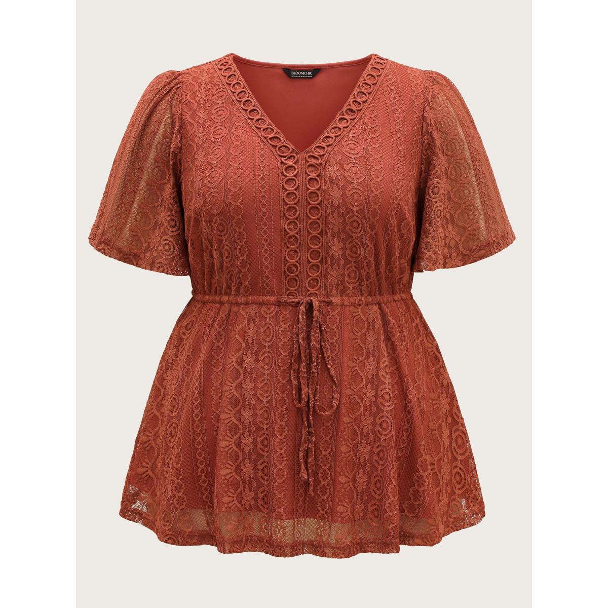 Plus Size Russet V Neck Lace Panel Drawstring Blouse Women Romantic Short sleeve V-neck Elegant Blouses BloomChic 22-24/3X Product Image