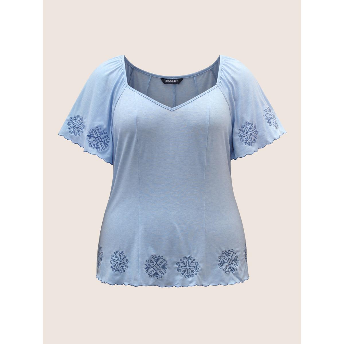 Plus Size Bandana Floral Embroidered Ruffle Sleeve T-shirt LightBlue Women Resort Embroidered Heart neckline Vacation T-shirts BloomChic 22-24/3X Product Image