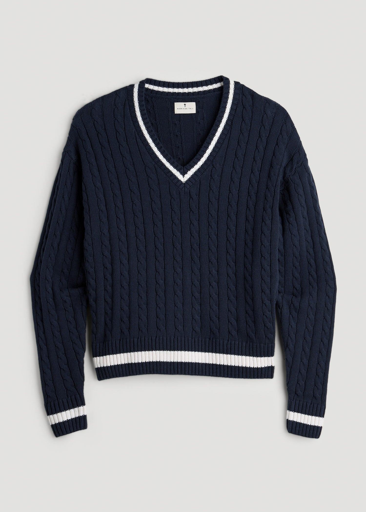 V-Neck Collegiate Sweater for Tall Women in Navy and Bright White Product Image