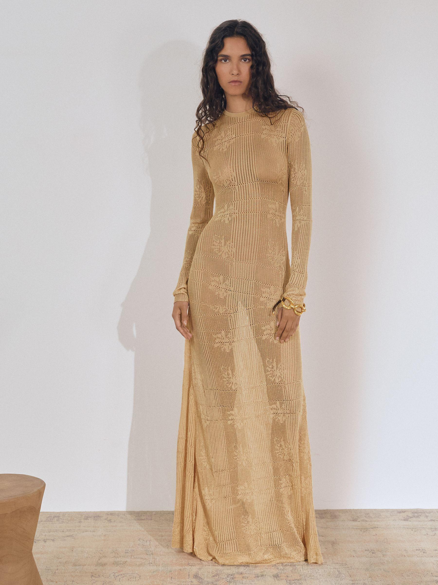 Lace-Knit Ruched Maxi Dress in Gold Product Image