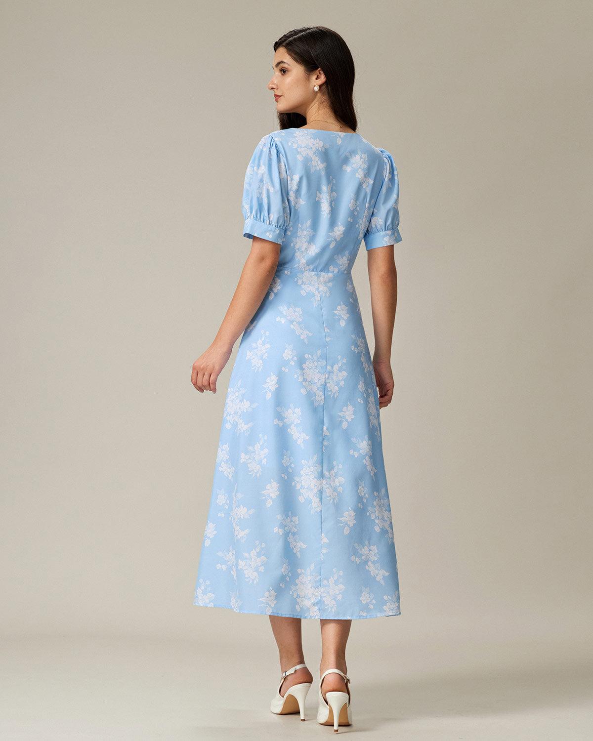 Blue Floral Puffed Sleeve Ruched Midi Dress Product Image