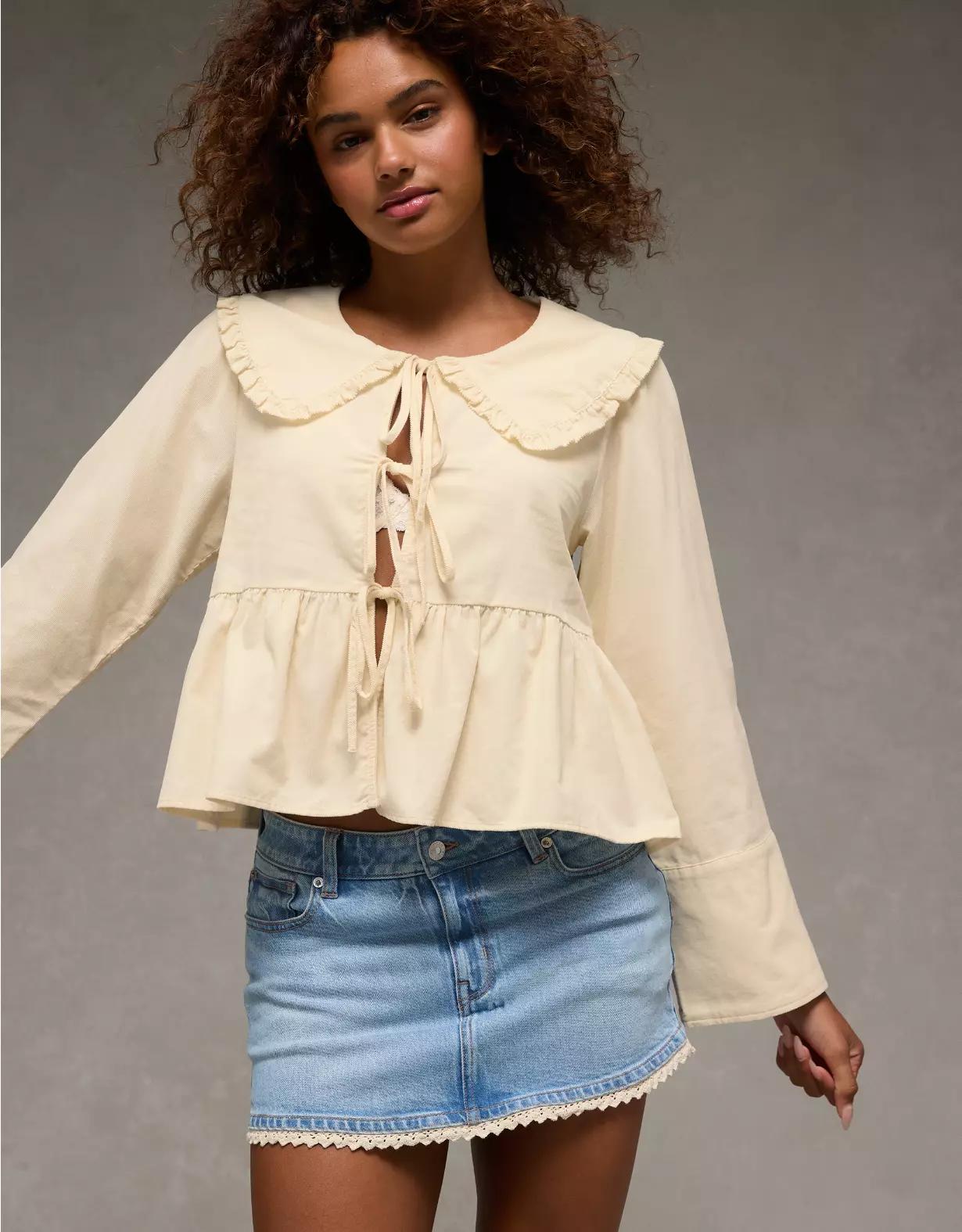 AE Long Sleeve Tie-Front Blouse Product Image