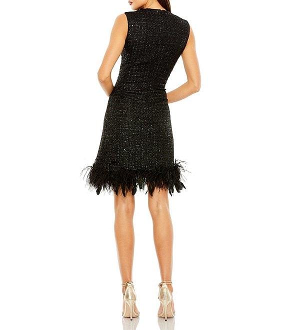 Mac Duggal Crew Neck Shimmer Boucle Feather Hem Sheath Dress Product Image