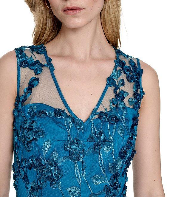Eliza J Embroidered Mesh V-Neck 3D Floral Fit and Flare A-Line Midi Dress Product Image