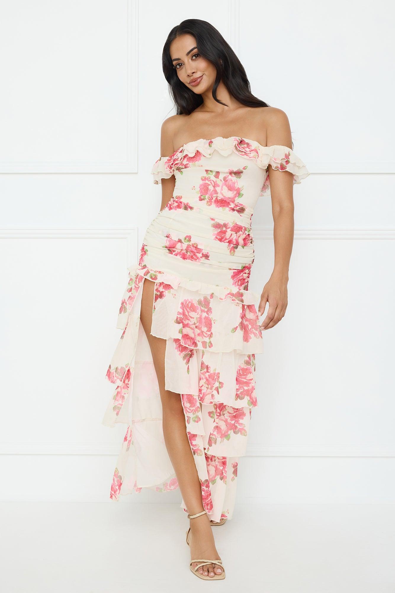 Floralicious Off Shoulder Maxi Dress Cream Product Image