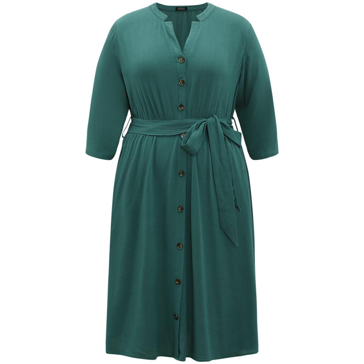 Plus Size Solid Button Detail Pocket Belted Notched Dress Emerald Women Office Plain Notched collar Elbow-length sleeve Curvy Midi Dress BloomChic 28/5X Product Image