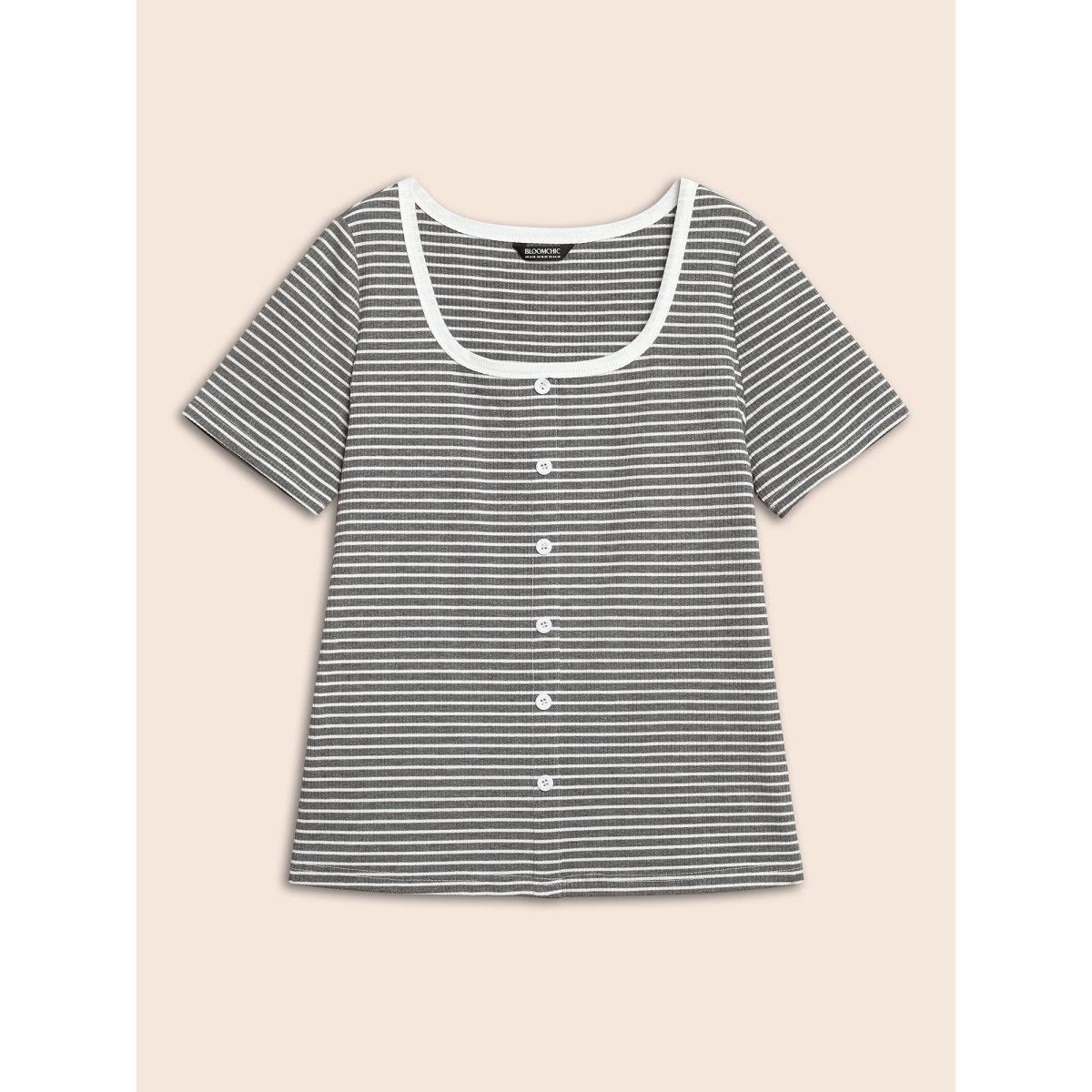 Plus Size U Neck Striped Button Detail T-shirt DimGray Women Casual Texture U-neck Everyday T-shirts BloomChic 12/L Product Image