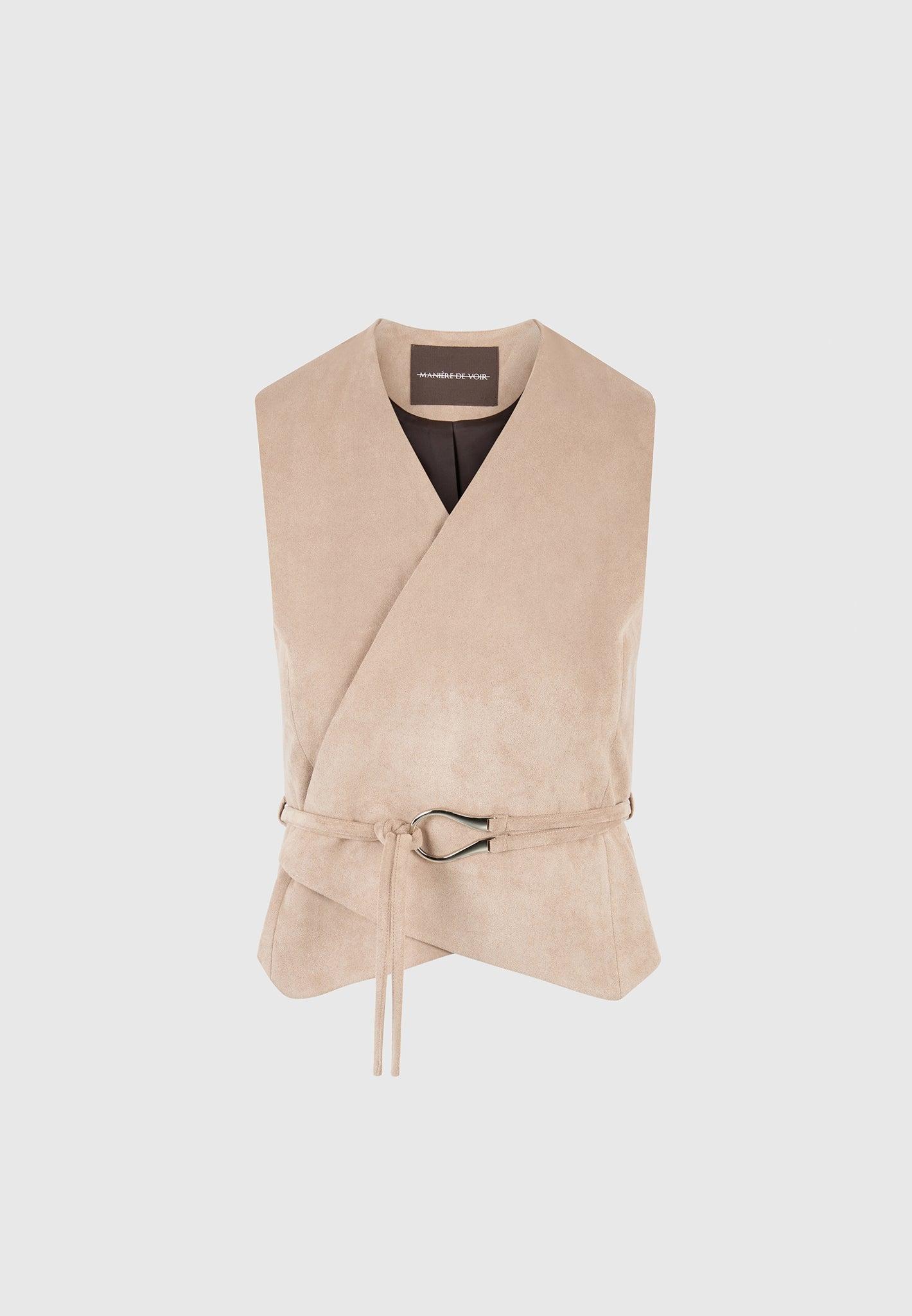 Jeanne - Suede Wrap Waistcoat with Belt - Taupe Female Product Image