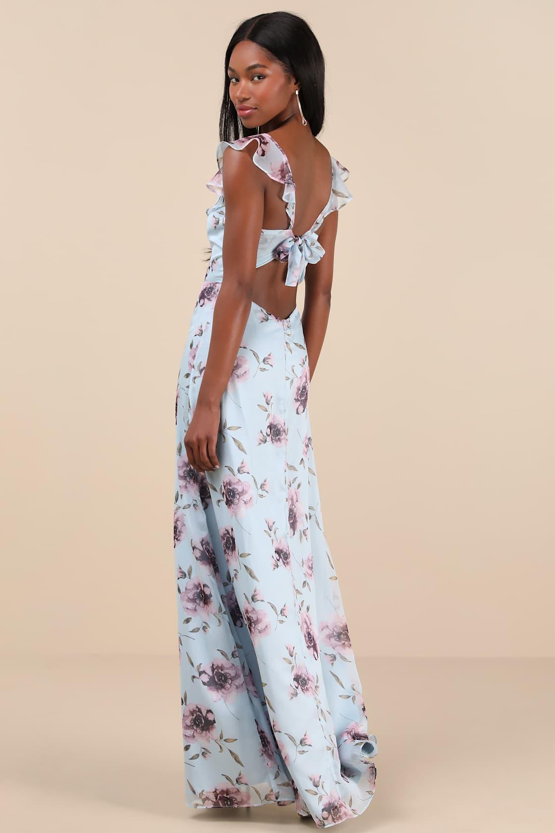 Sweetest Entrance Light Blue Floral Ruffled Tie-Back Maxi Dress Product Image