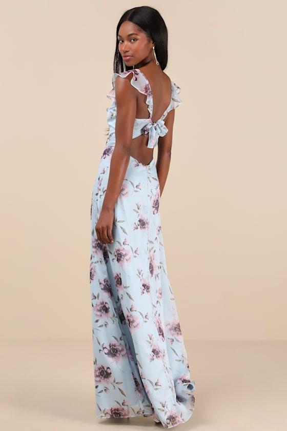 Sweetest Entrance Light Blue Floral Ruffled Tie-Back Maxi Dress Product Image