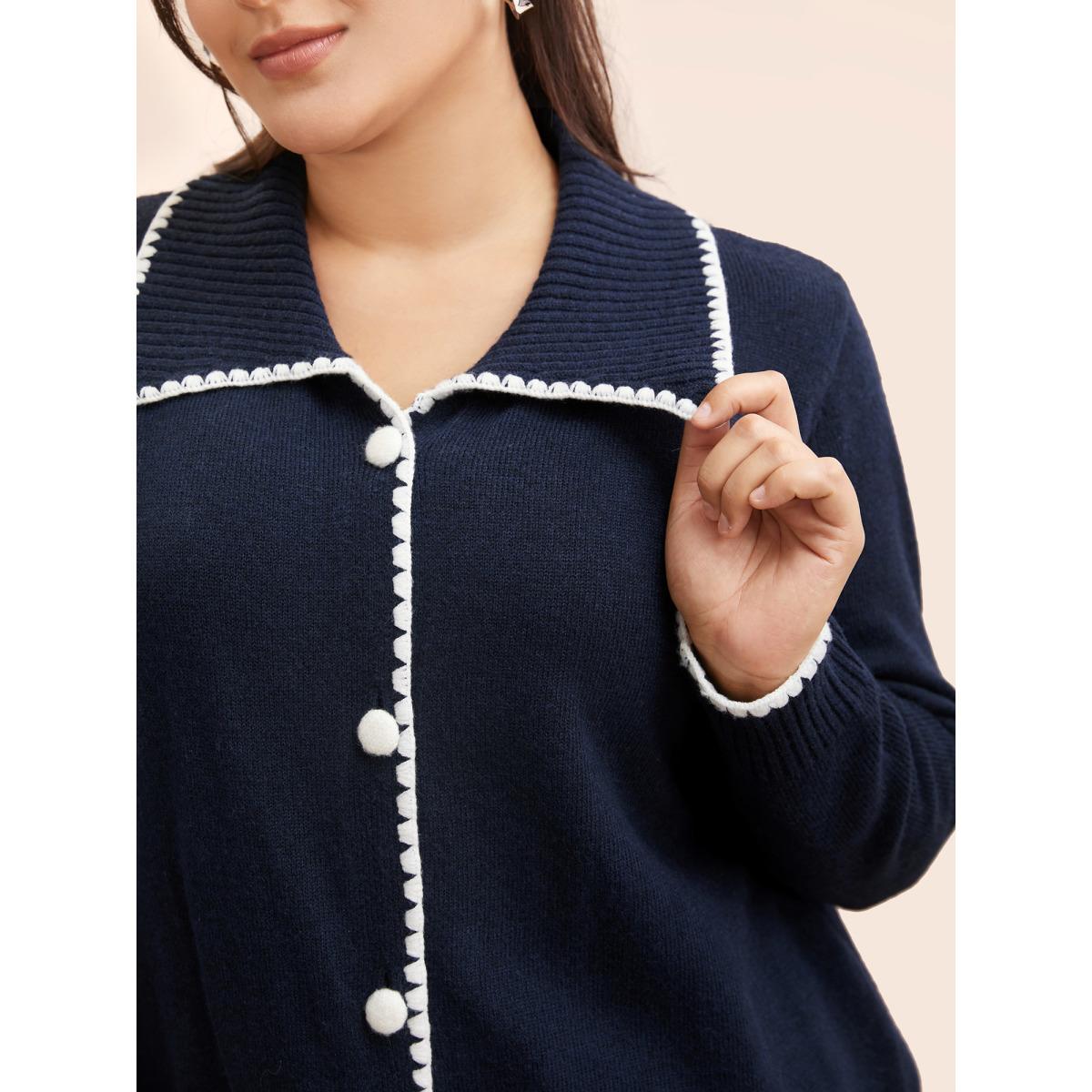 Plus Size Lapel Collar Contrast Trim Cardigan Indigo Women Casual Long Sleeve Everyday Cardigans BloomChic 14-16/1X Product Image