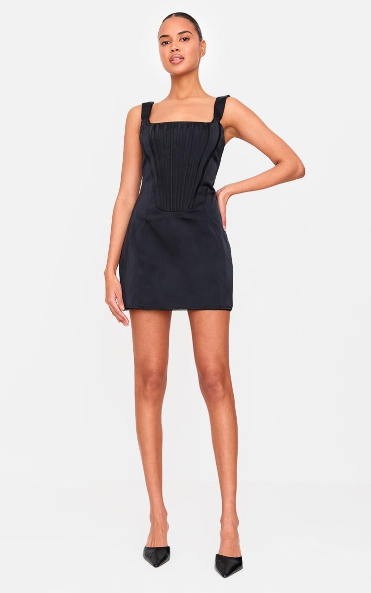 Premium Black Woven Square Neck Lace Back Corset Bodycon Dress Product Image