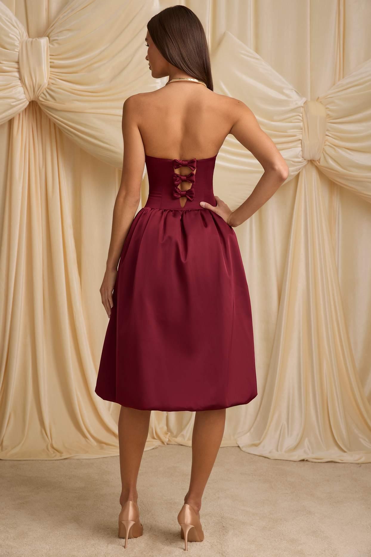 Convertible Bow-Detail Bubble Hem Midaxi Dress in Wine Red Product Image