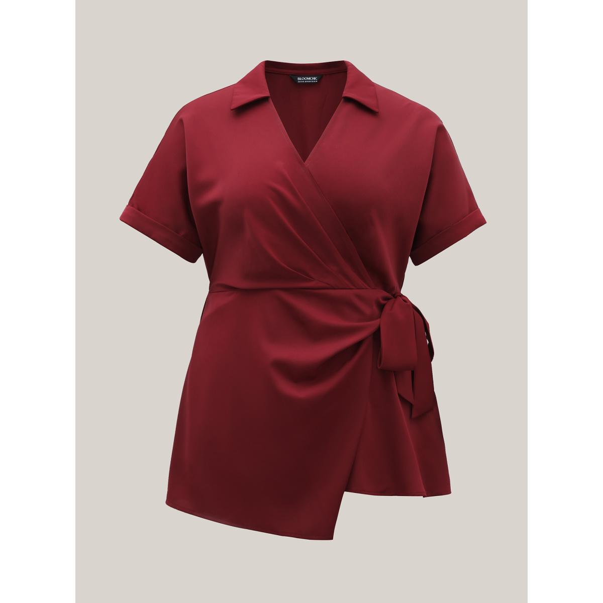 Plus Size Burgundy Side Knotted Collar Plain Shirt Women At the Office Short sleeve V-neck Work Blouses BloomChic 10/M Product Image