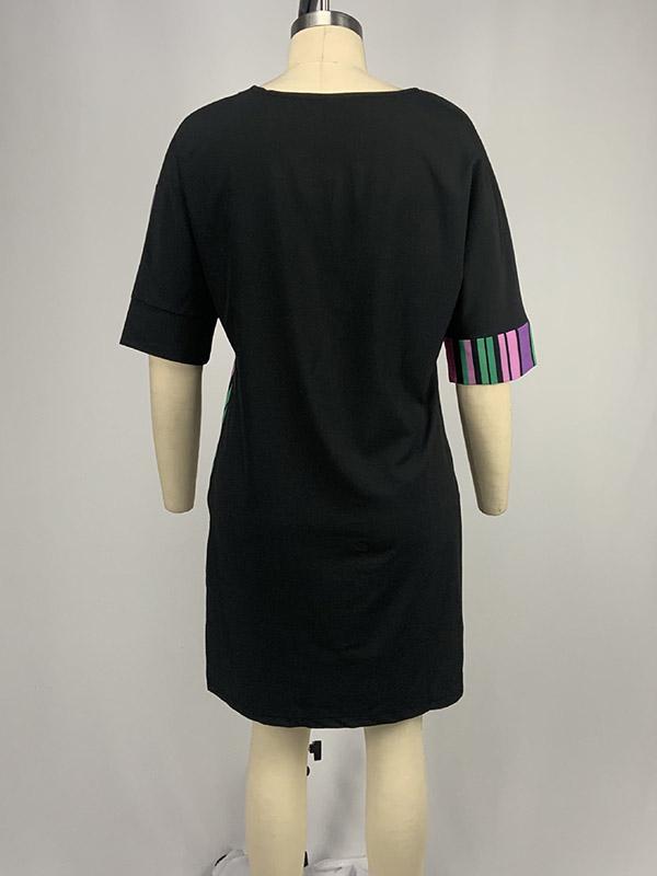 A-Line Half Sleeves Asymmetric Contrast Color Striped Round-Neck Mini Dresses Product Image