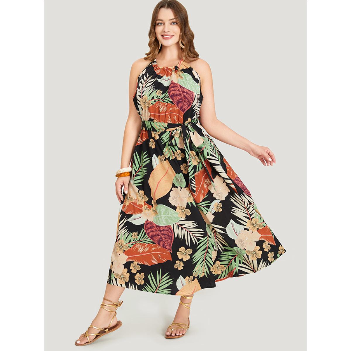 Plus Size Tropical Print Ruffle Hem Pocket Belt Knotted Halter Dress Black Women Vacation Cross straps Halter neck Sleeveless Curvy Midi Dress BloomChic 30/6X Product Image