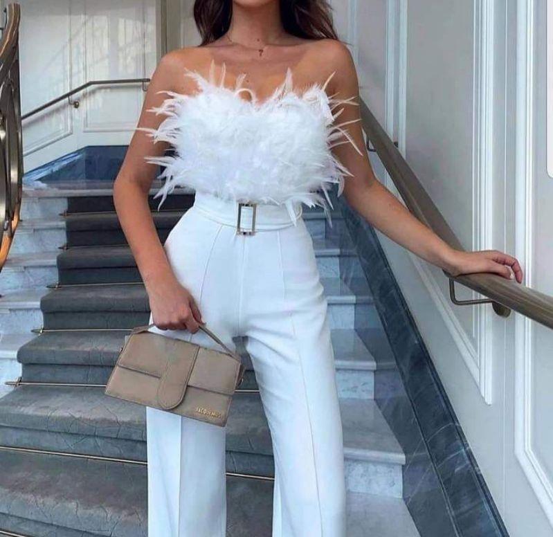 Strapless Plain Feather Accent Wide Leg Jumpsuit Product Image