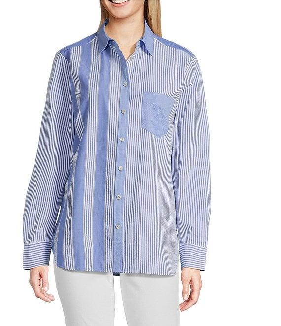 Foxcroft Boyfriend Mix Stripe Button Front Top Product Image
