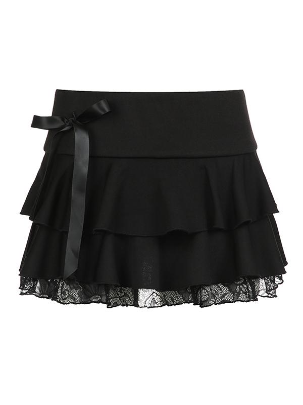 Lace Patchwork Bow Mini Skirt Product Image