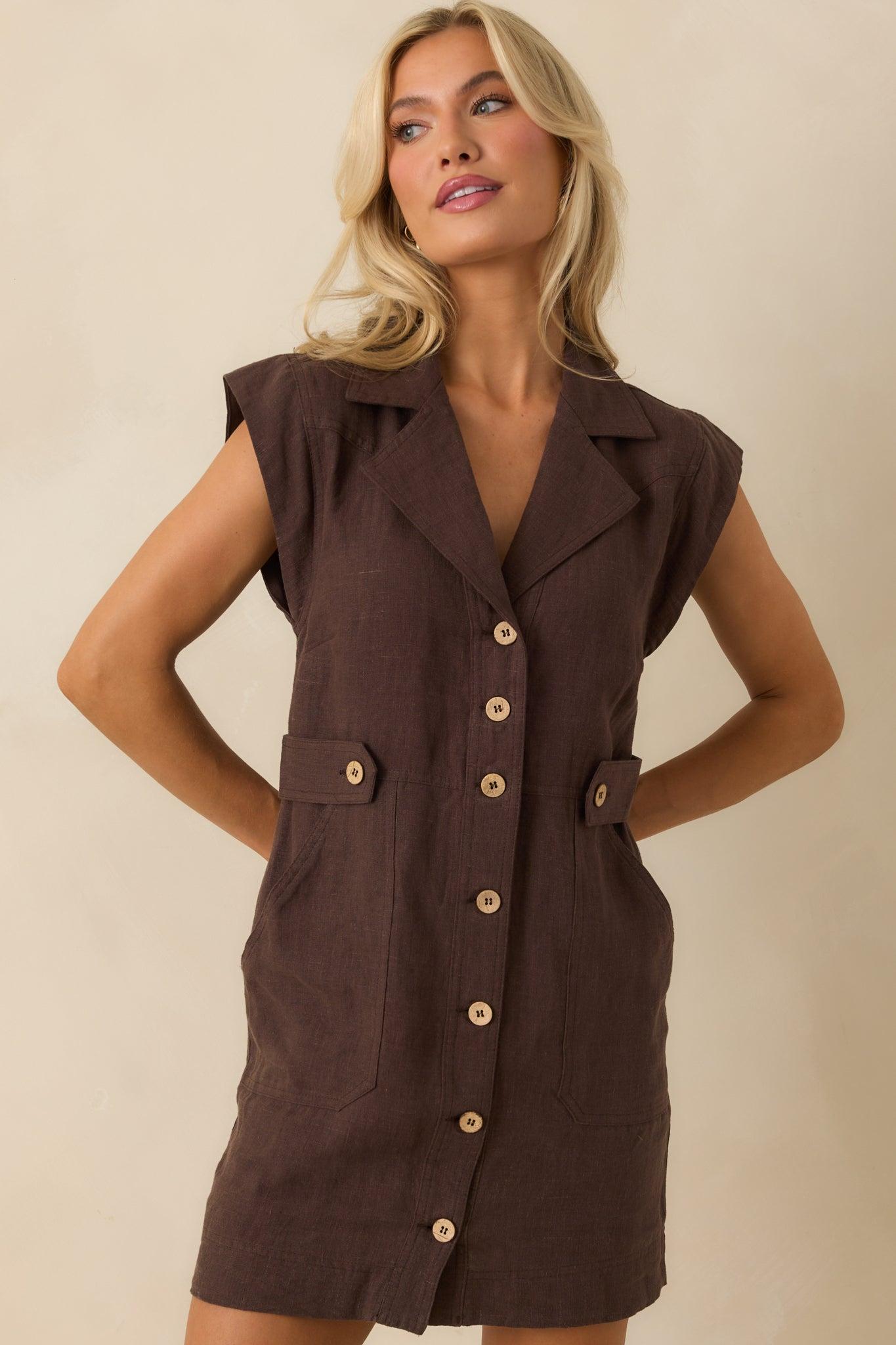 Never A Bad Day Dark Brown Linen Button Front Mini Dress L / Dark Brown Product Image