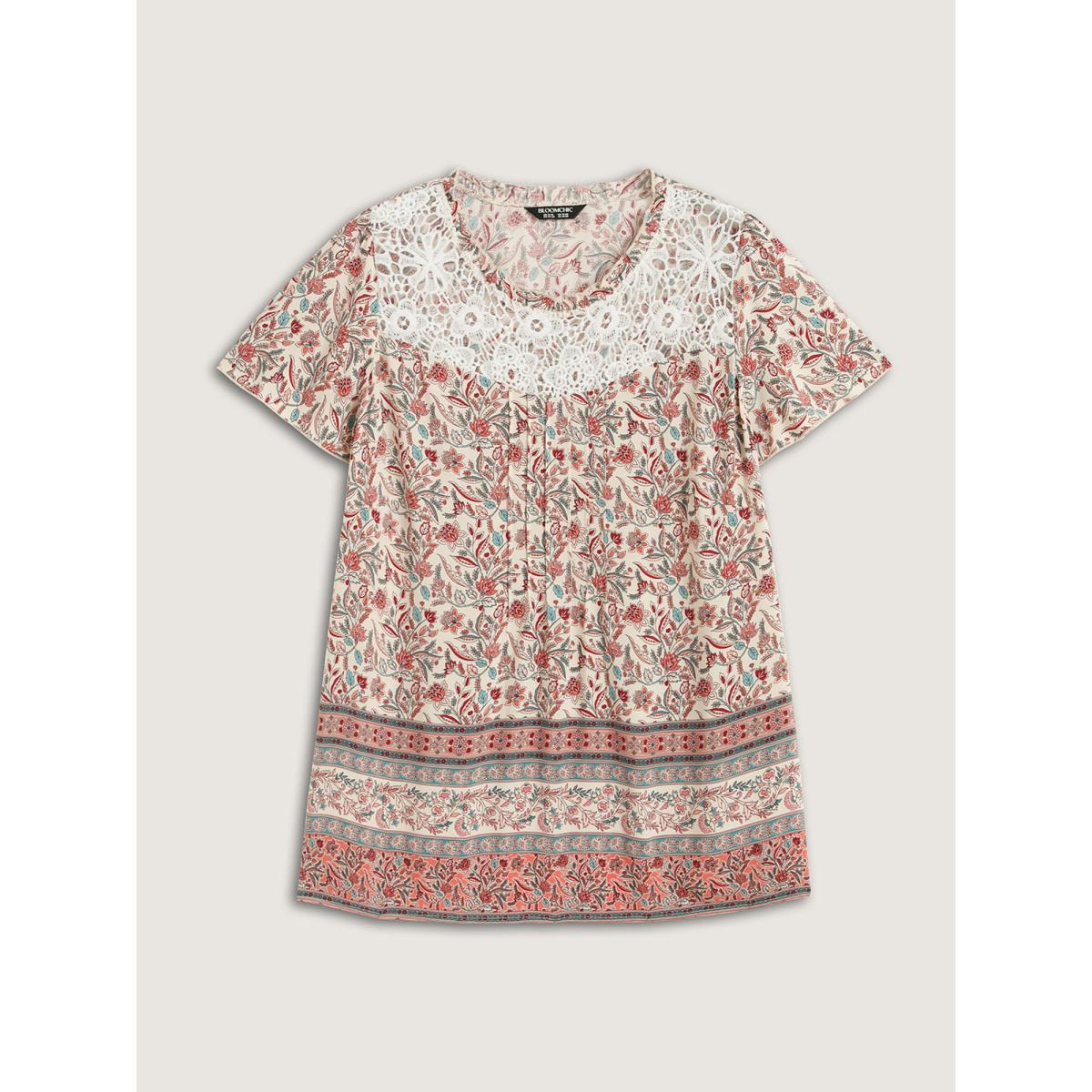 Plus Size Multicolor Sheer Lace Ruffled Neck Floral Blouse Women Boho Short sleeve Round Neck Vacation Blouses BloomChic 12/L Product Image