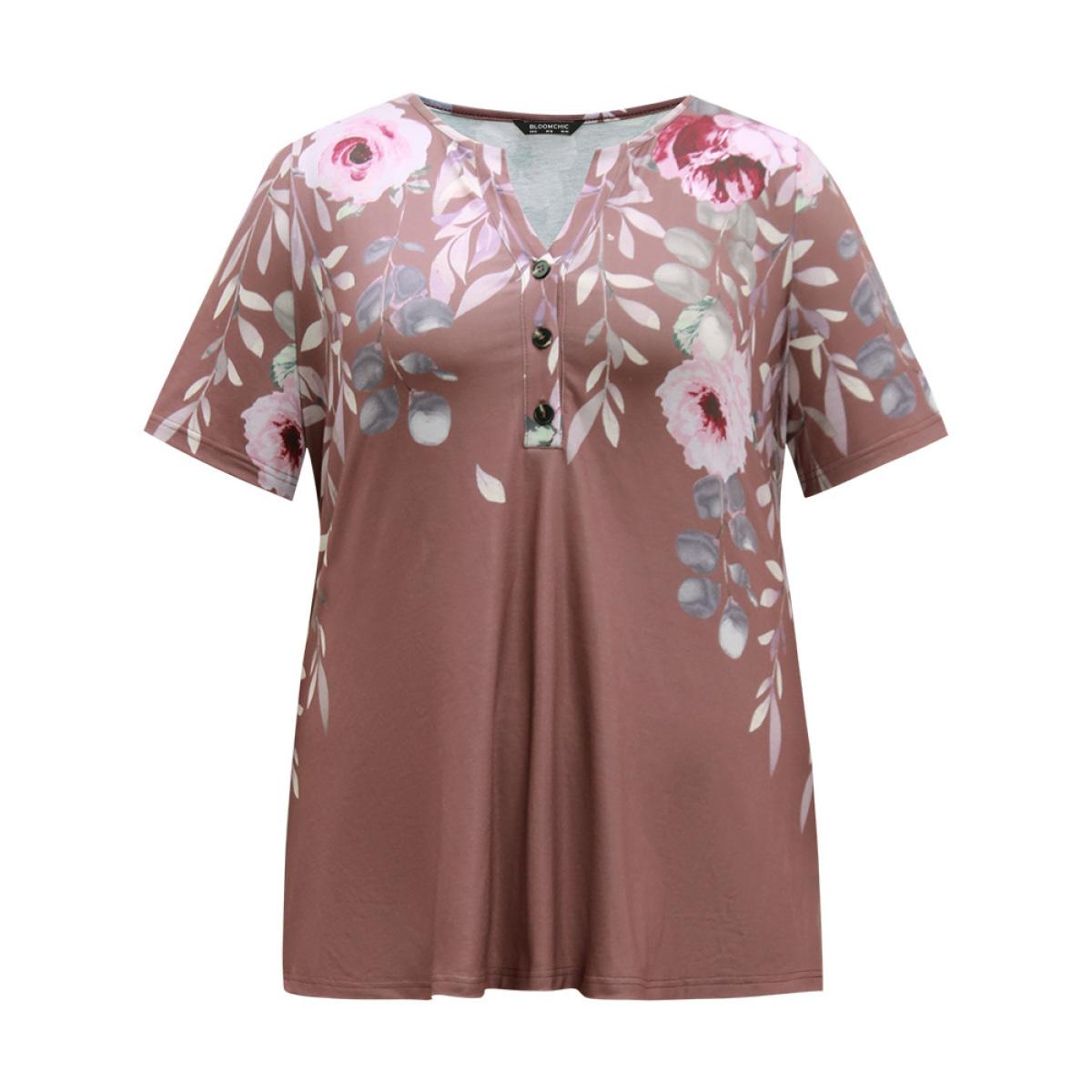 Plus Size Floral Print Notched Button Up T-shirt Multicolor Women Casual Printed Floral Open Front Dailywear T-shirts BloomChic 14-16/1X Product Image