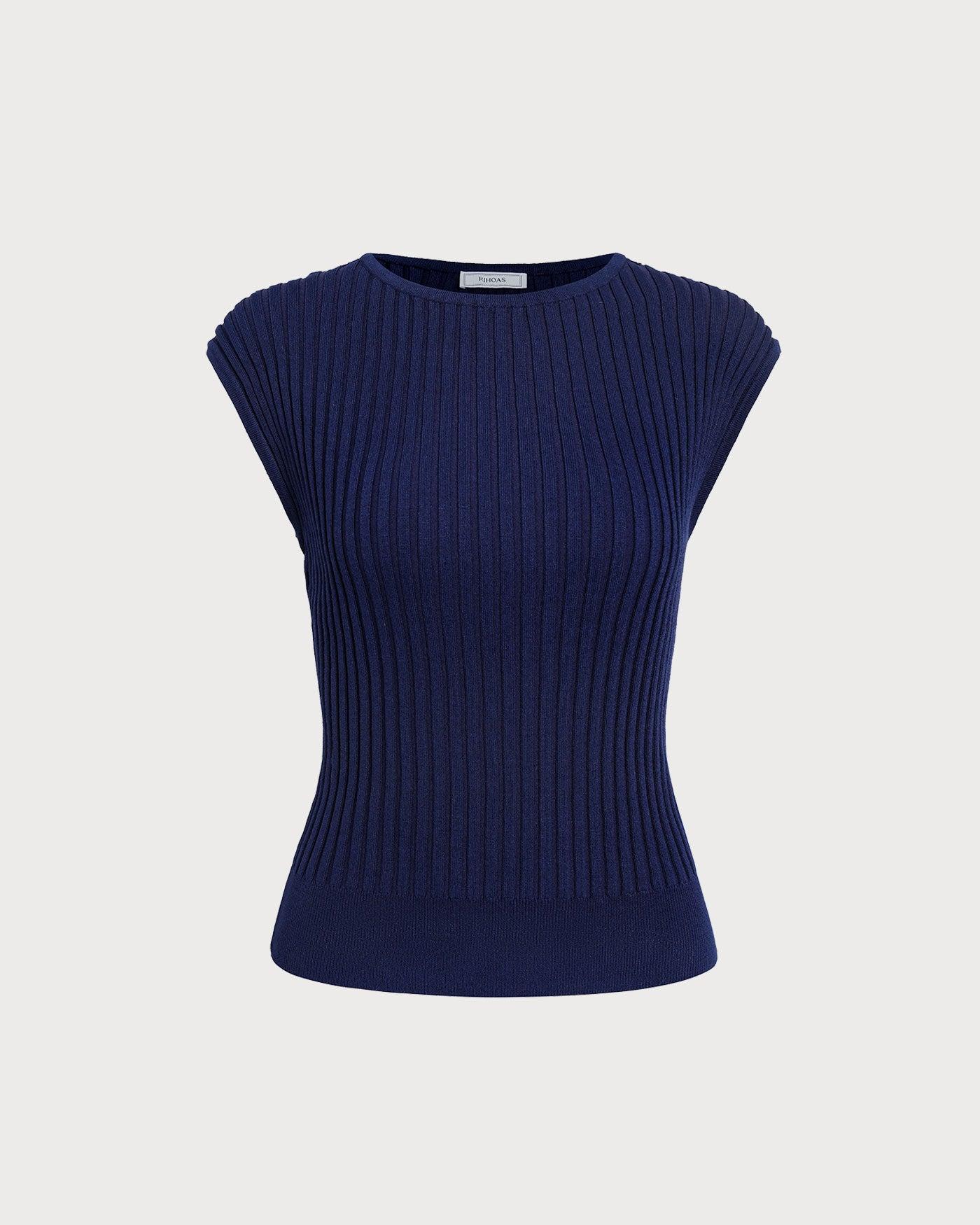 The Blue Boat Neck Ribbed Cap Sleeve Knit Tee Product Image