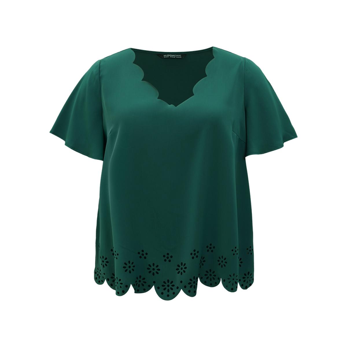Plus Size DarkGreen Solid Scalloped Trim Laser Cut Ruffle Sleeve Blouse Women Elegant Short sleeve V-neck Dailywear Blouses BloomChic 26/4X Product Image