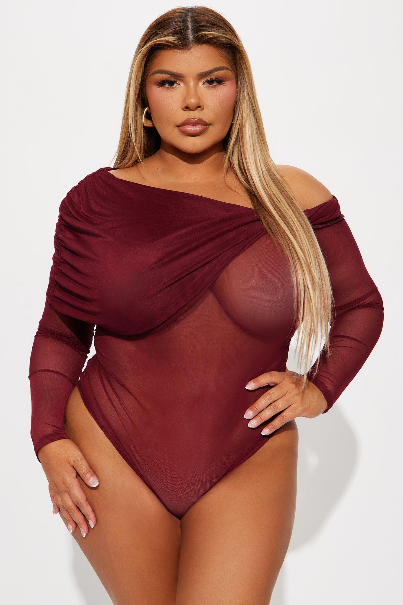 Alena Mesh Off Shoulder Bodysuit - Burgundy Product Image