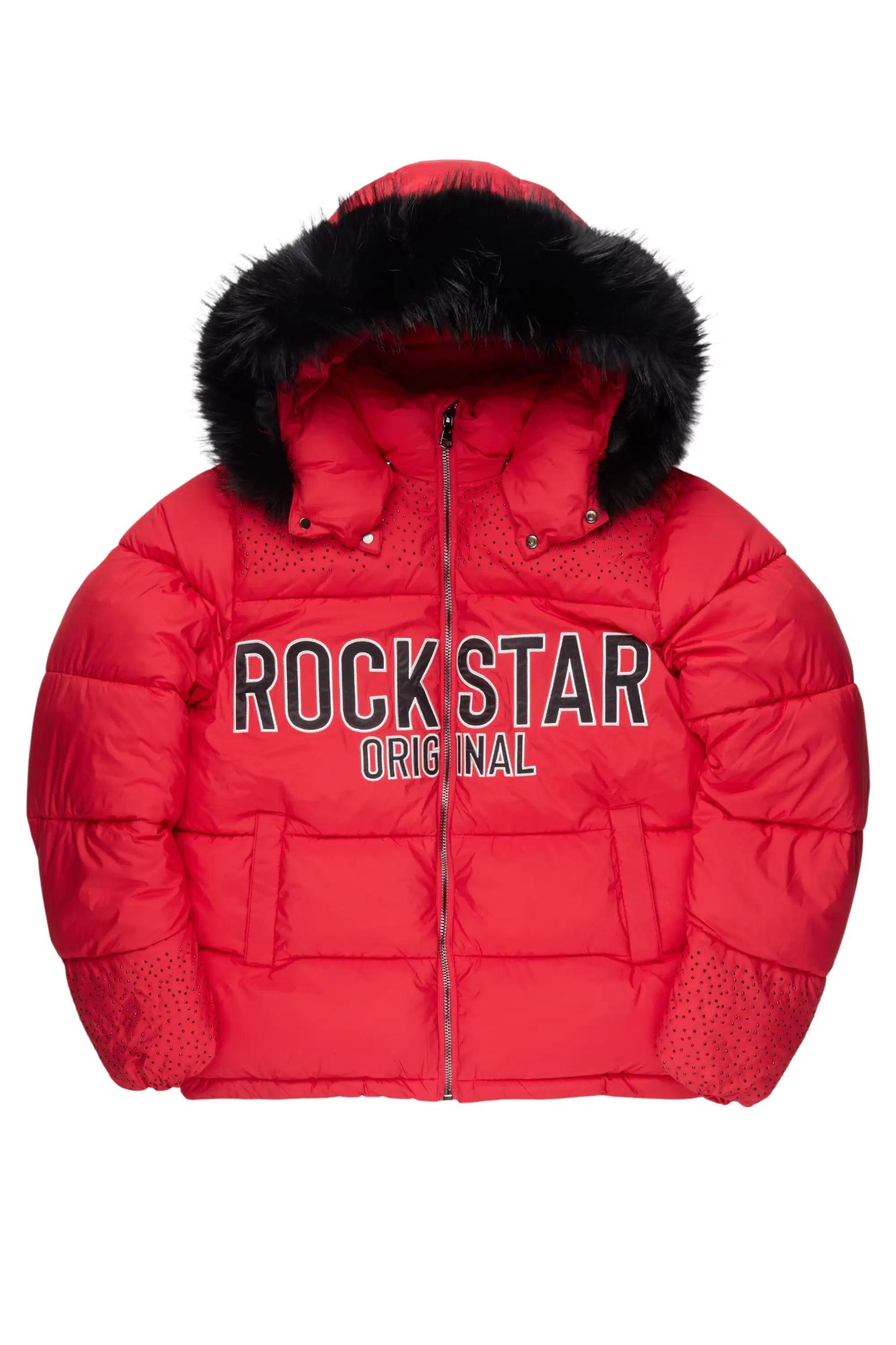 Natia Red Oversized Rhinestone Puffer Jacket Female Product Image