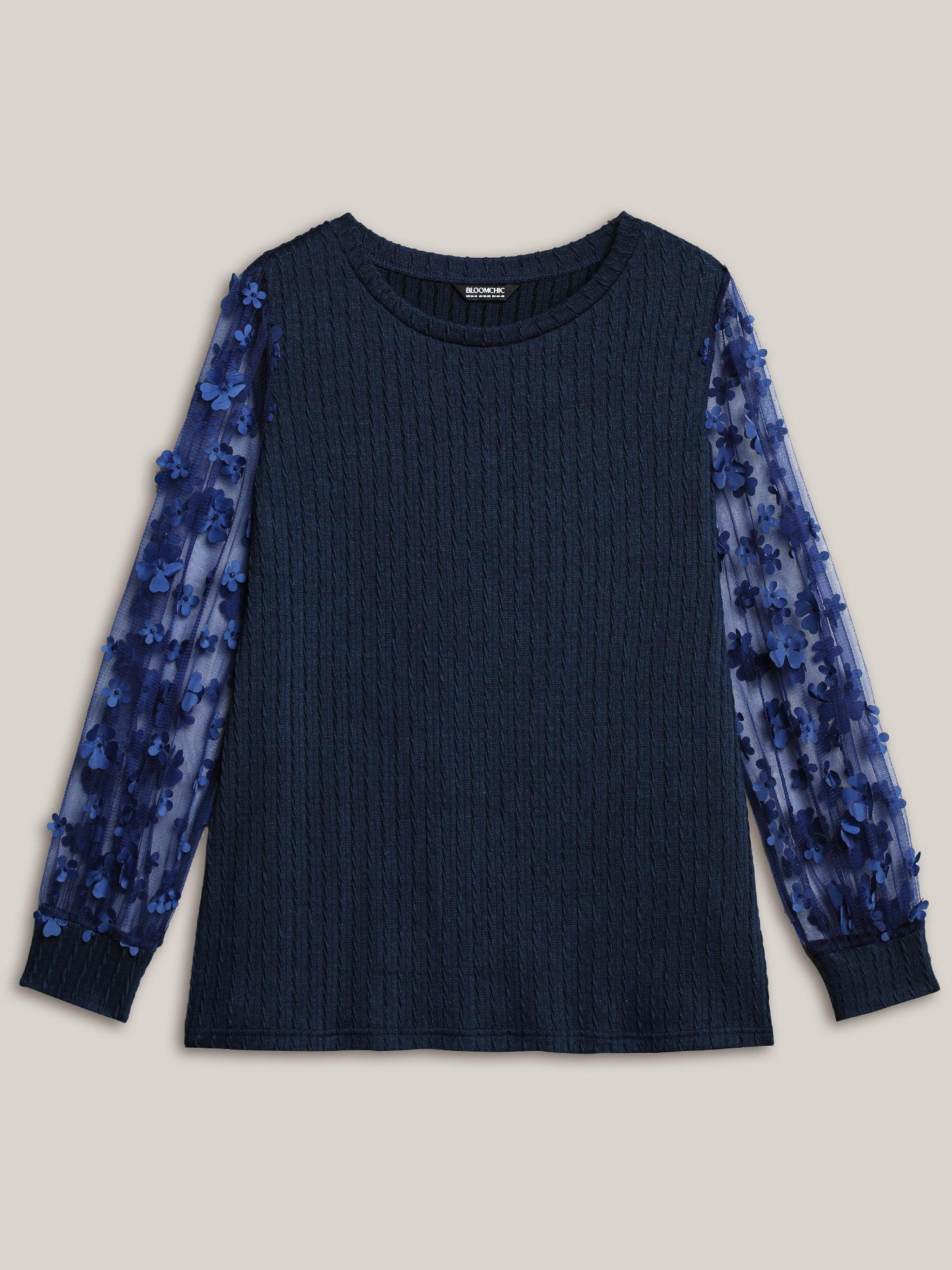 Sheer Sleeve Textured Patchwork Round Neck T-Shirt Female Product Image