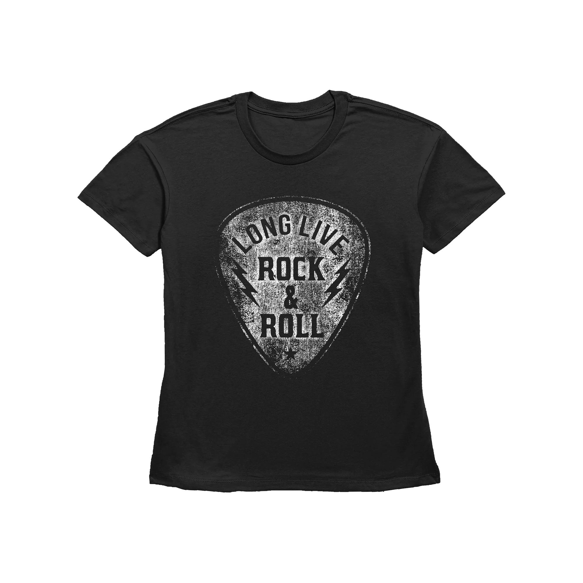 Women's Fifth Sun "Long Live Rock & Roll" Distressed Guitar Pick Short Sleeve Graphic Tee, Girl's, Size: Medium, Black Product Image