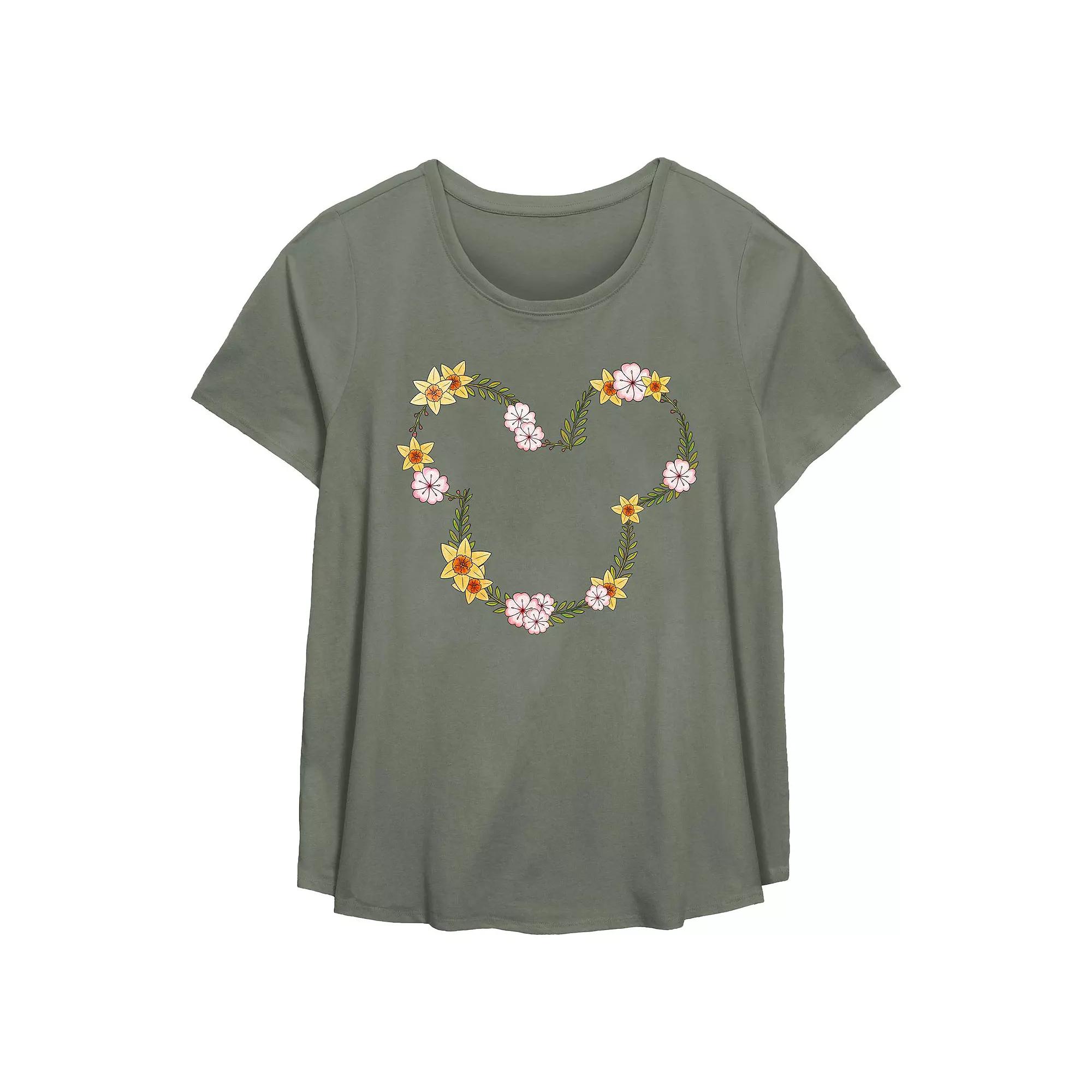 Disney's Mickey Mouse Floral Wreath Plus Size Flowy Graphic Tee, Women's, Size: 0X, Green Product Image
