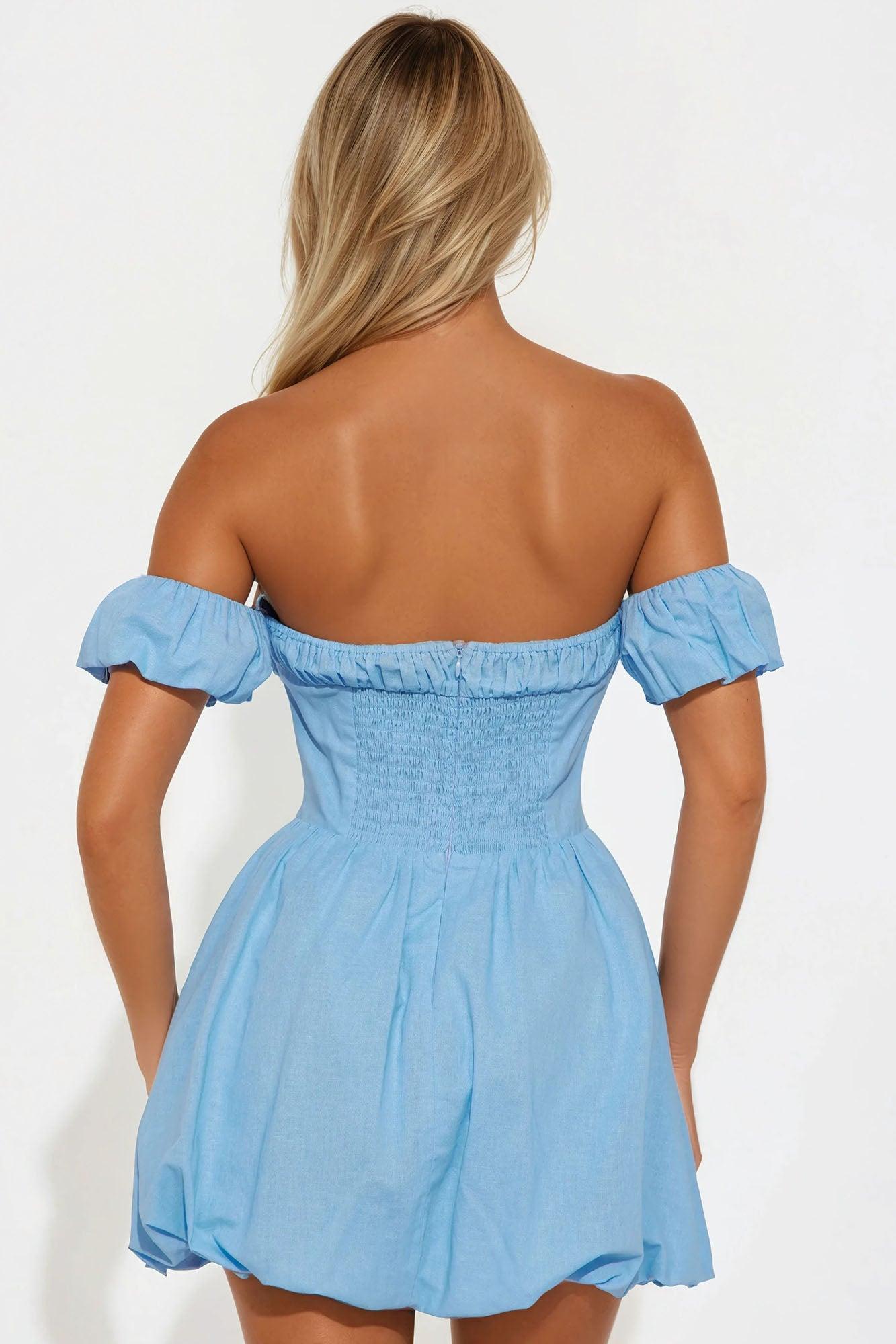 Edith Linen Bubble Micro Mini Dress - Blue Product Image