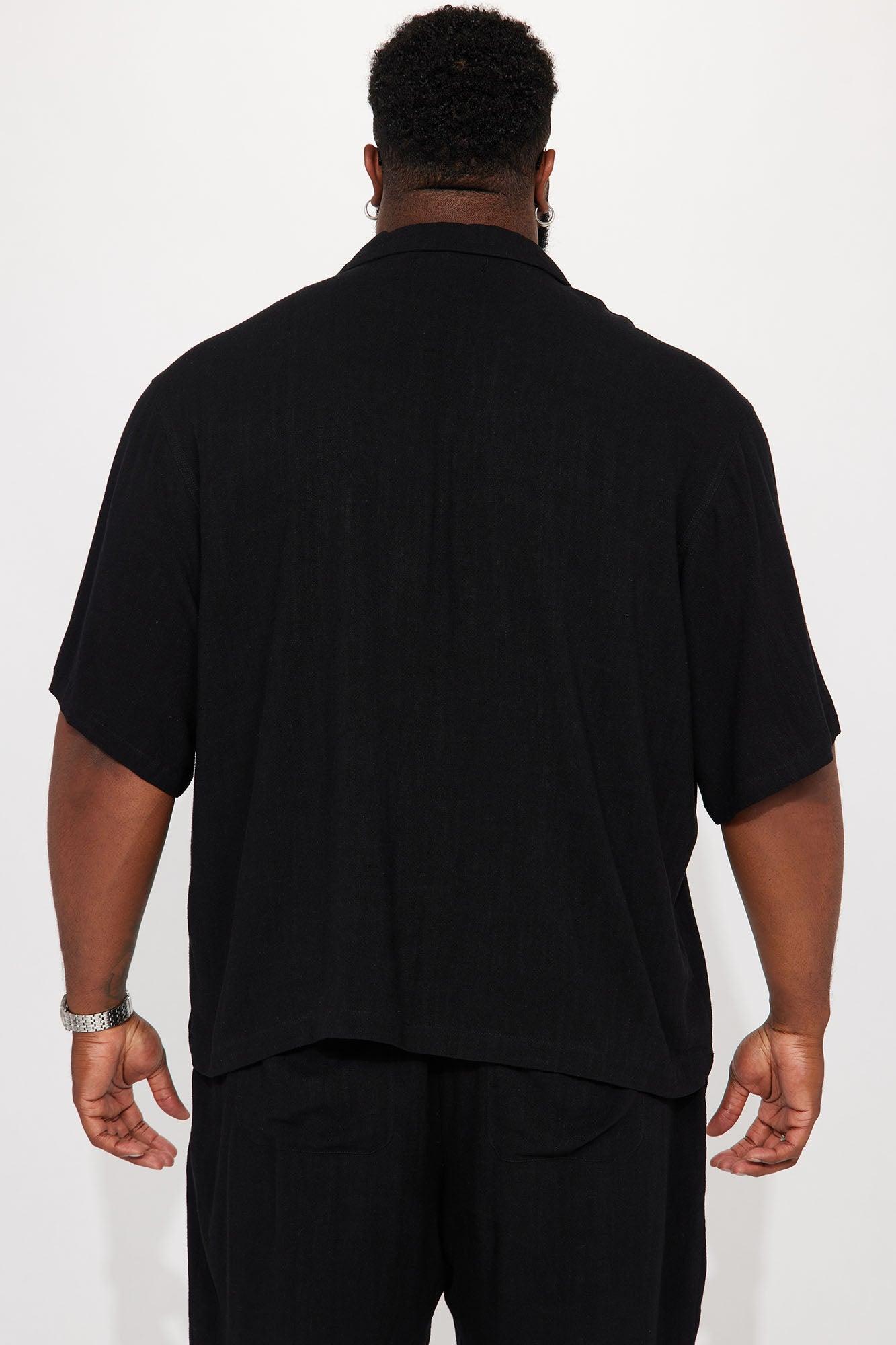 Solid Textured Linen Button Up Shirt - Black Product Image