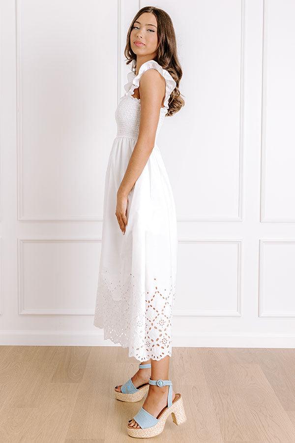 Call It Serendipity Smocked Eyelet Midi Dress in White Product Image