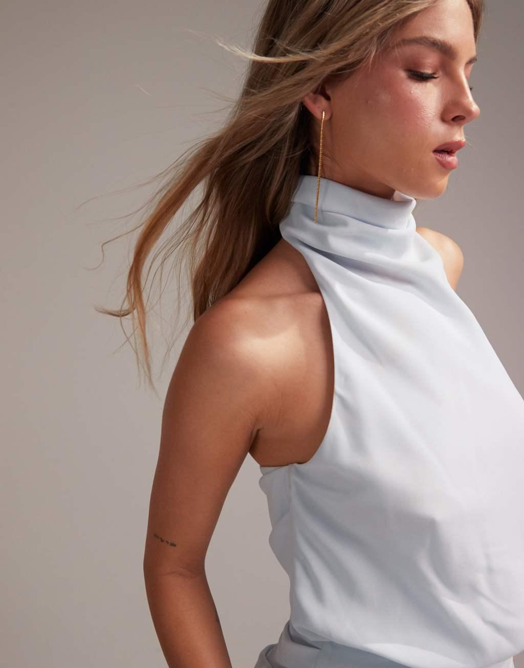 ASOS DESIGN draped halter column crepe maxi dress in light blue Product Image