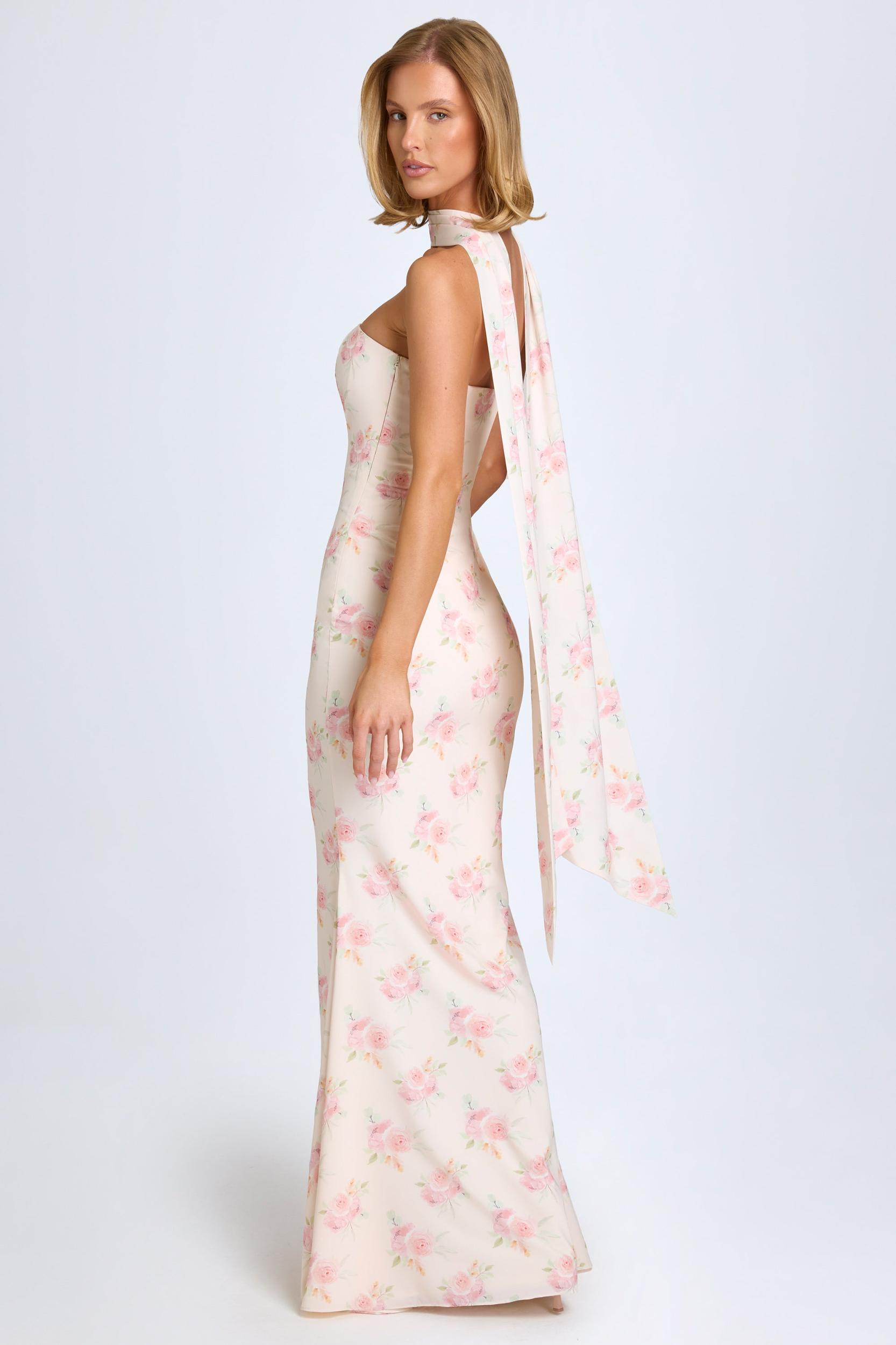 Scarf-Detail Strapless Gown in Large Rose Print Product Image