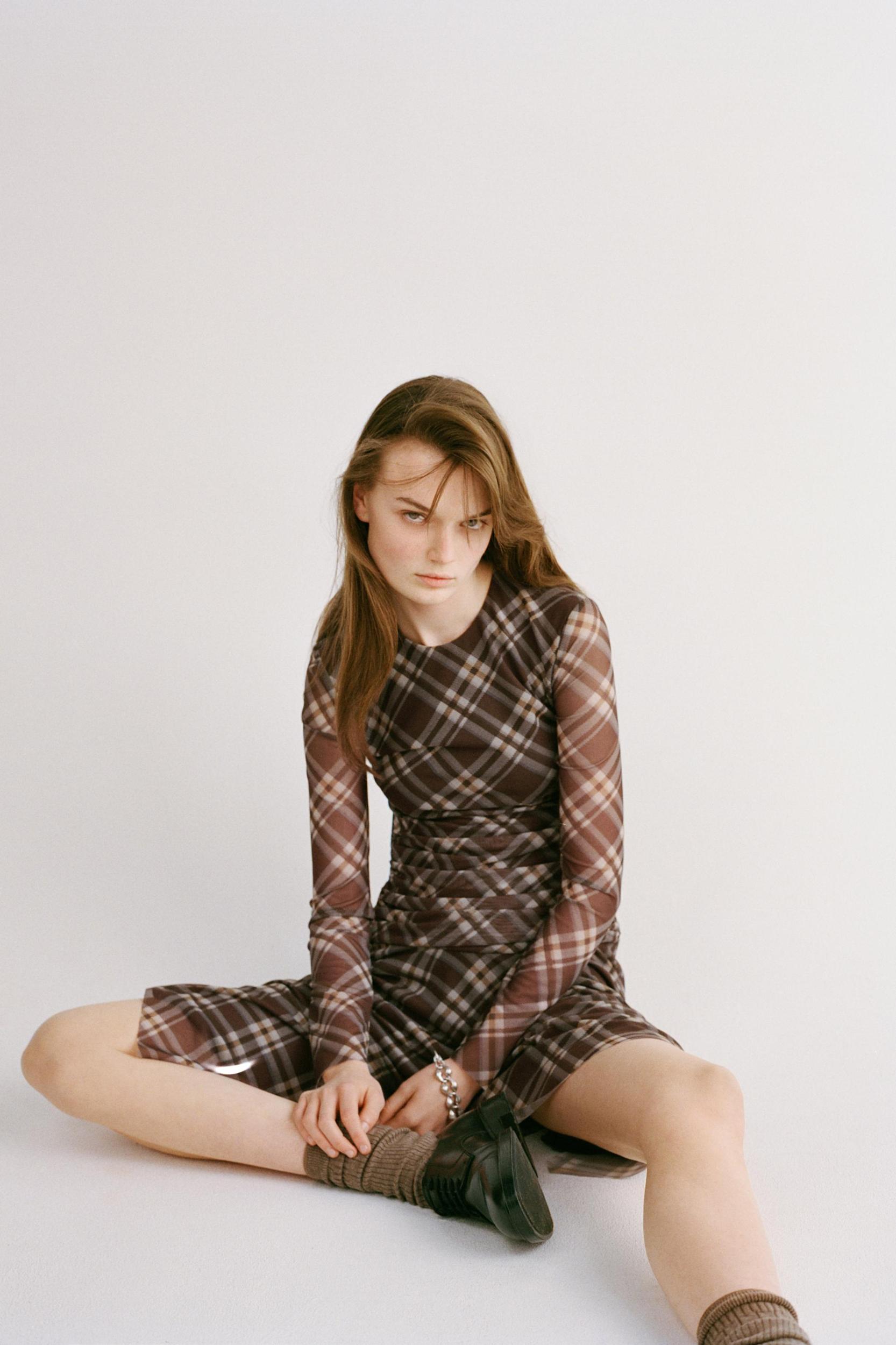 PLAID DRAPED TULLE DRESS Product Image