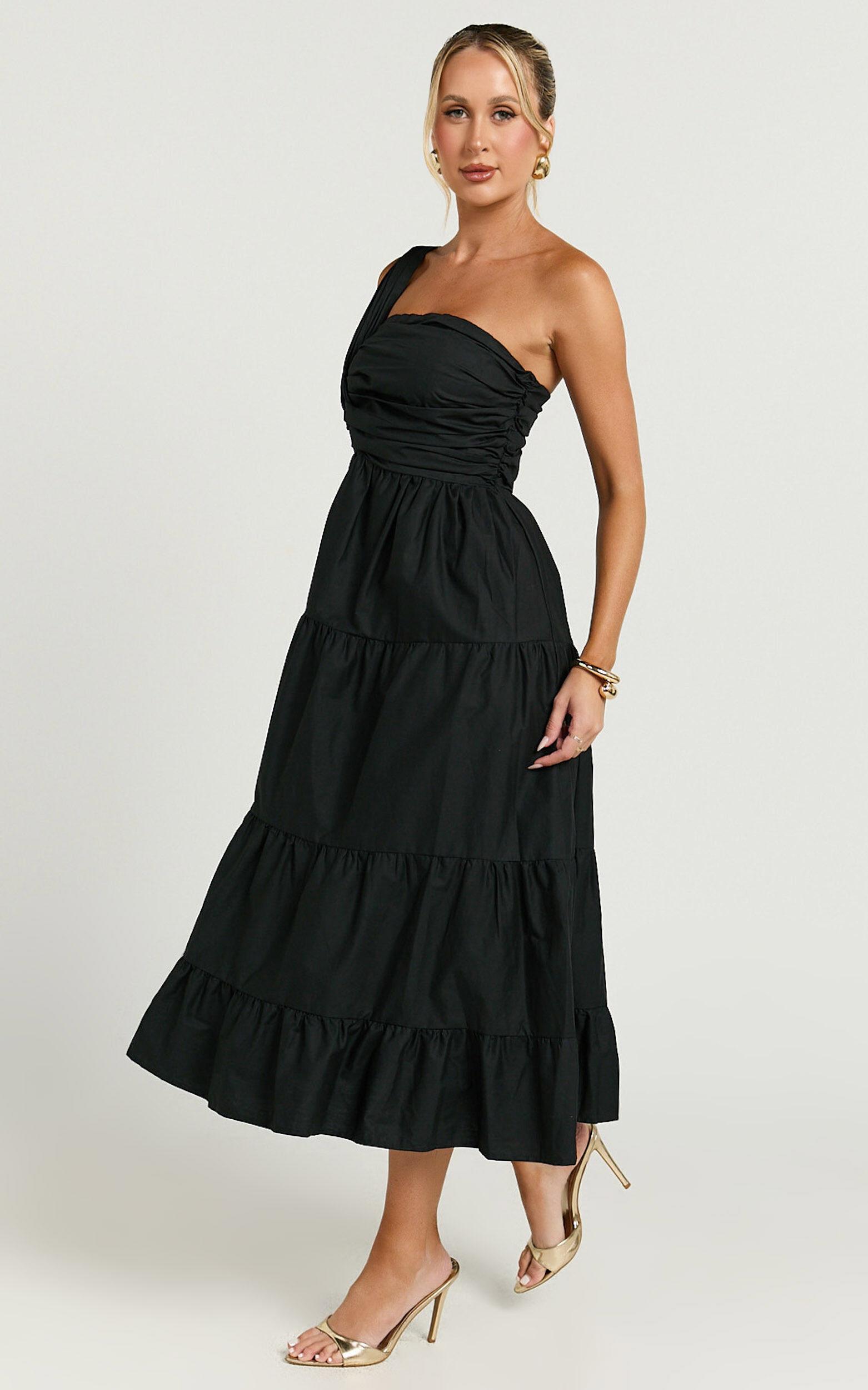 Stephanie Midi Dress - One Shoulder Tiered Midi Dress in Black Product Image